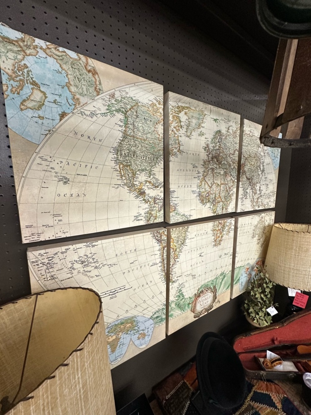 Vintage Style World Map Canvas Wall Art 6 Panel Multi Piece Map Decor